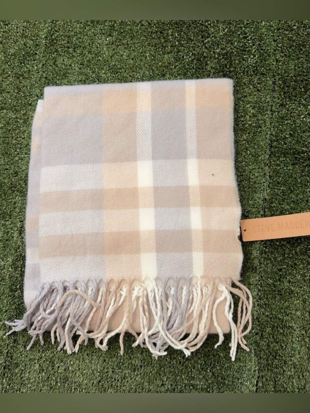 Steve Madden Beige Plaid Fringe Scarf